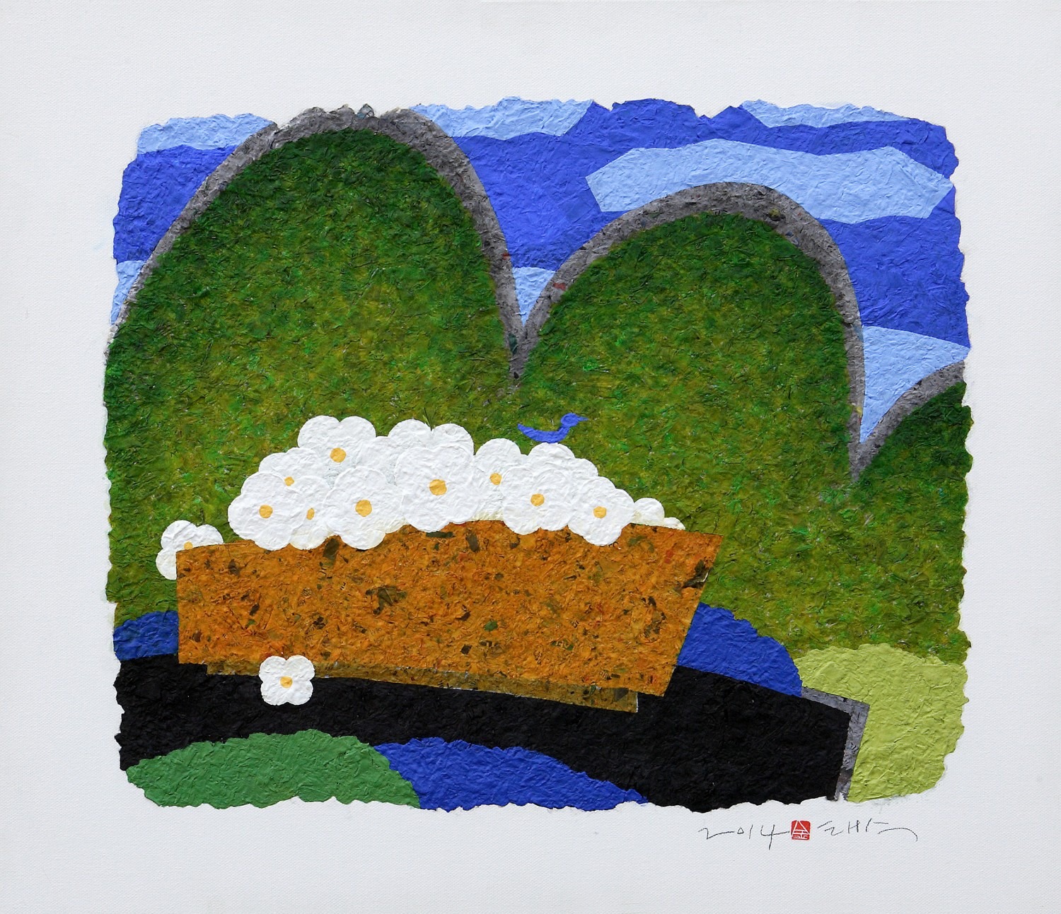 파랑새의여행-꽃동산,52×45.5cm, Mixed media, 2014