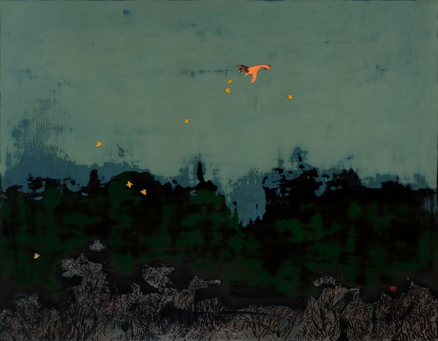 Fly, Rooster. 91x117cm.옻칠화(East Asian natural lacquer Paintting) 2014