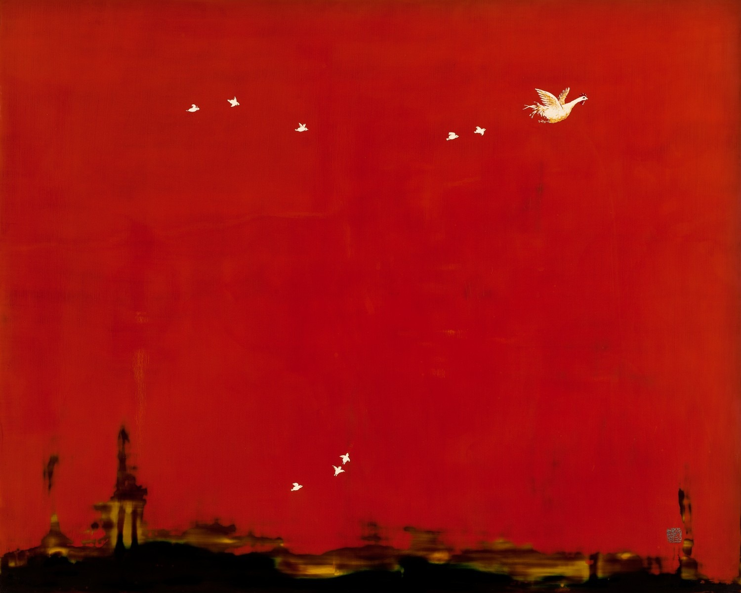 날아라 닭(Fly, Roosters) 62x77cm  화판위에 천연옻칠화(East Asian natural lacquer Paintting) 2013