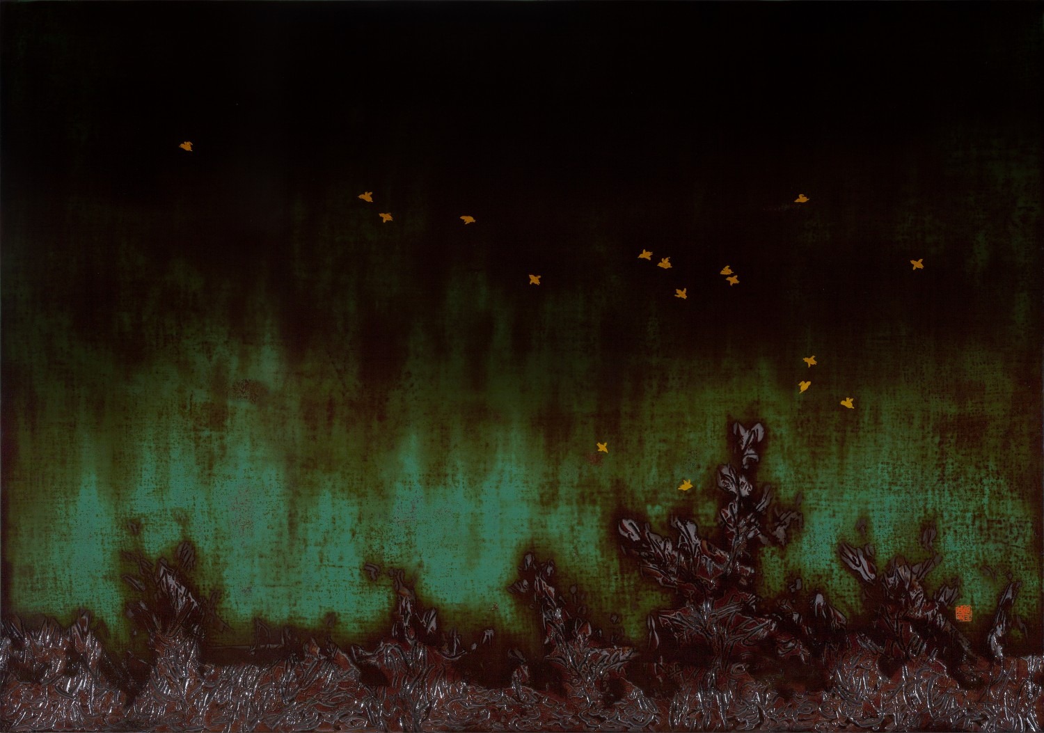 날아라 닭(Fly, Roosters) 70x100cm. 화판위에 천, 옻칠화. 2015