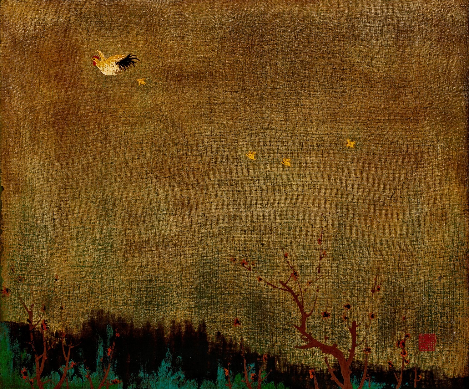 날아라닭(Fly, Roosters).   34x41cm. 화판위에 천, 천연옻칠화 (East Asian natural lacquer Paintting). 2013
