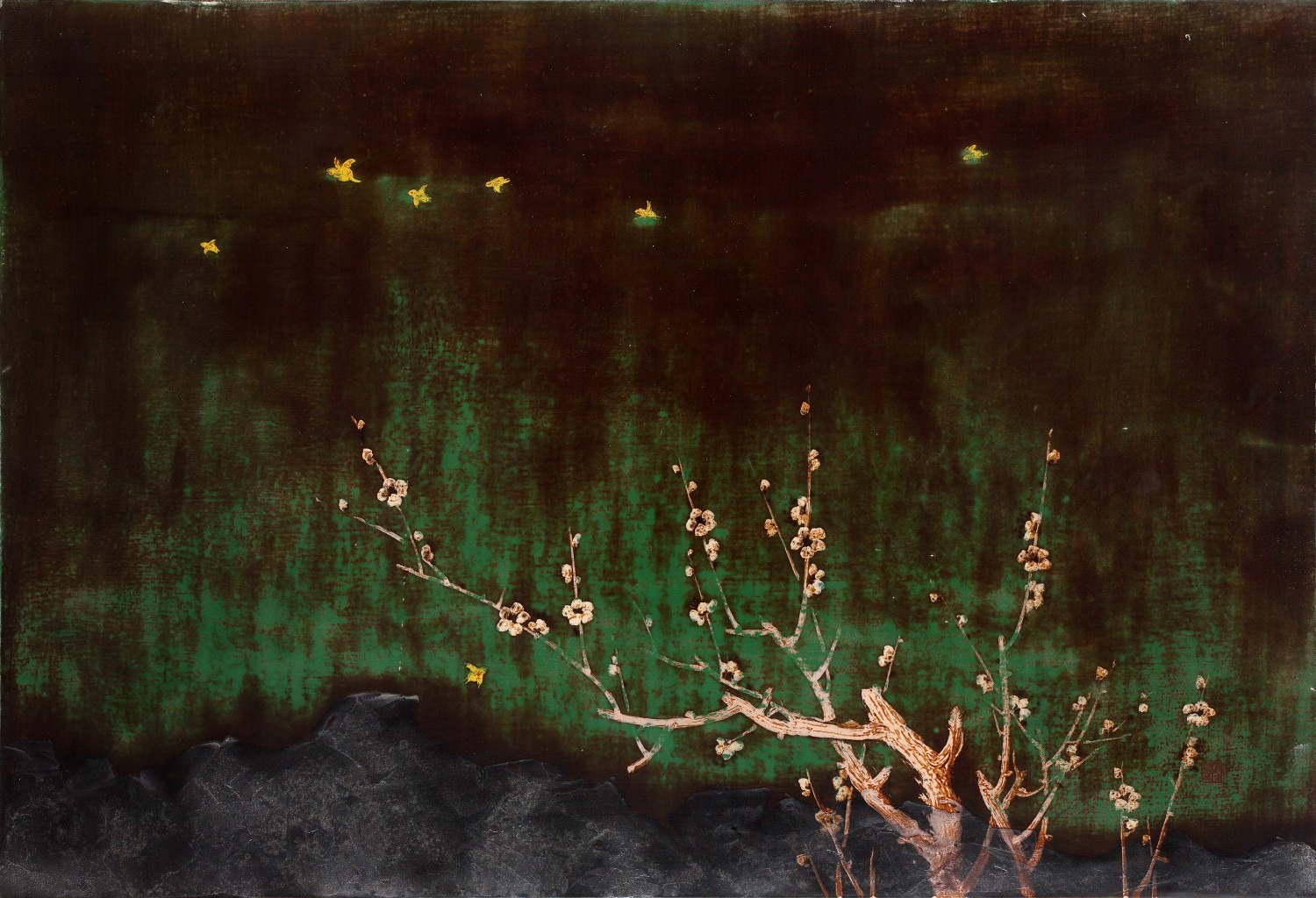 날아라닭-새벽 60x88cm 화판위에 천, 천연옻칠화 2014