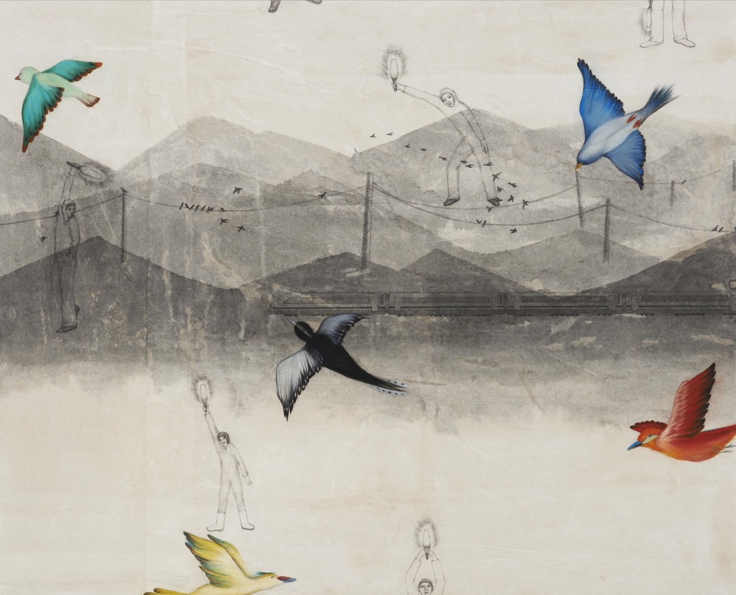 Flying world 3, pencil, oil on paper, 90.9x72.7cm, 2016