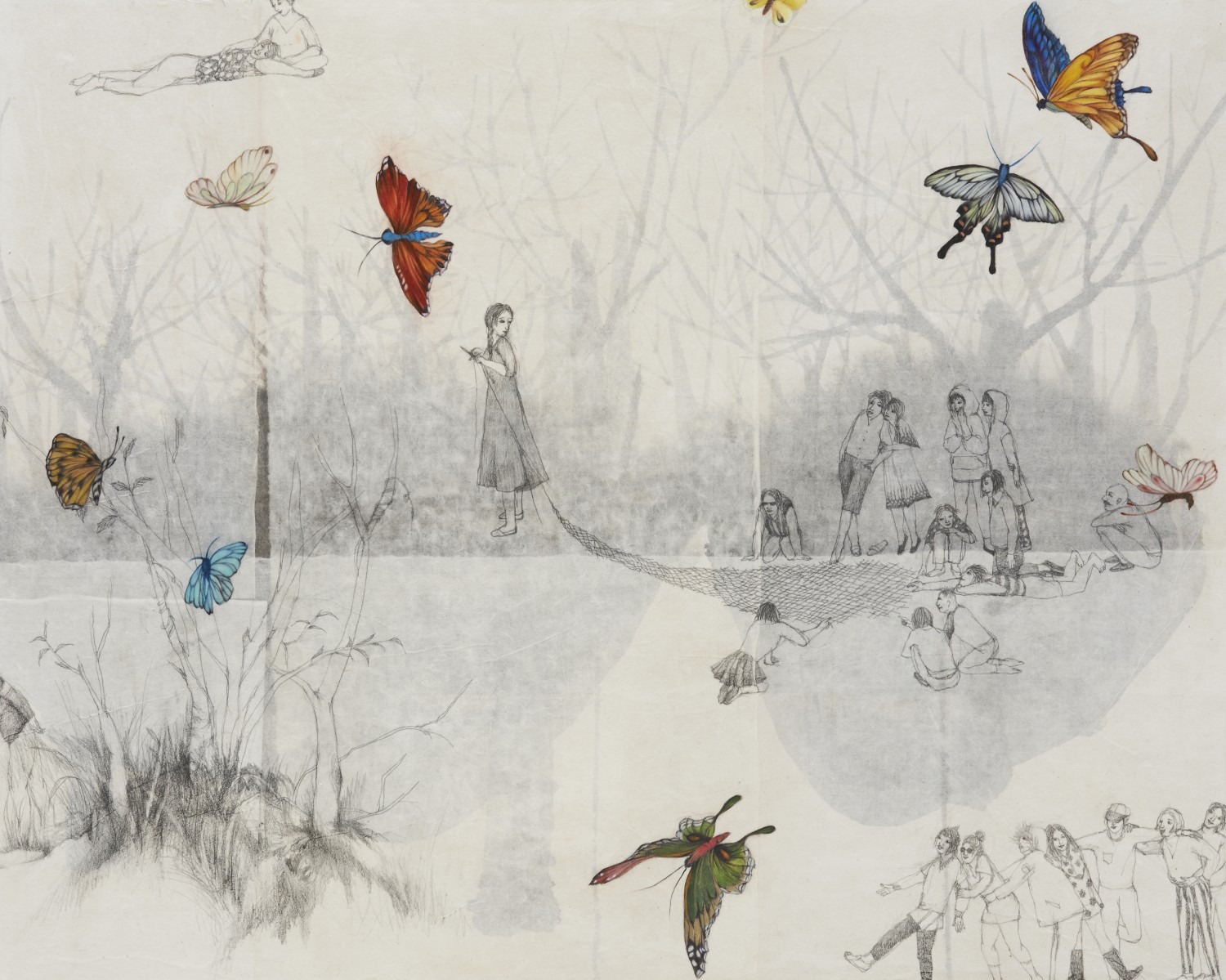 Flying world 2, pencil, oil on paper, 90.9x72.7cm, 2016
