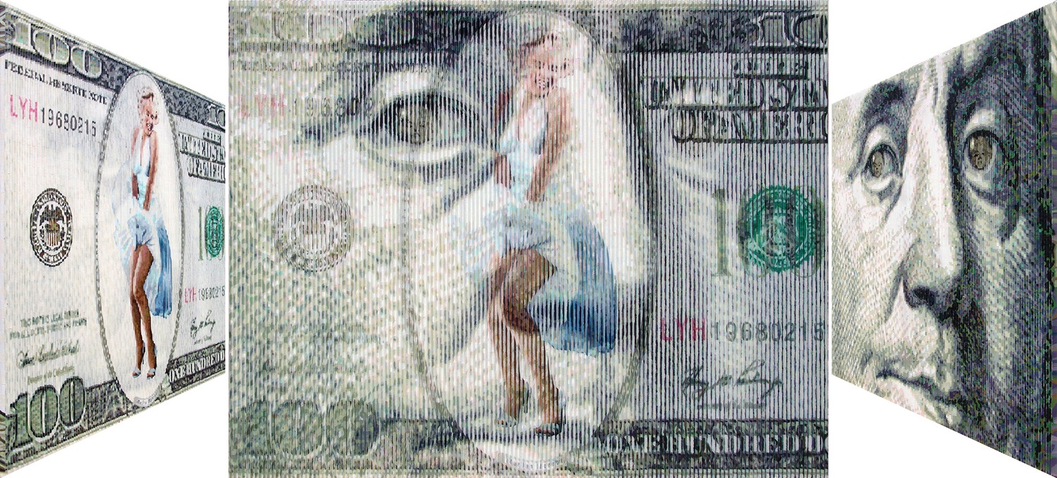 Lee Youngha, Marilyn Monroe & Benjamin Franklin, 90.9x72.7cm, oil on canvas, 2014