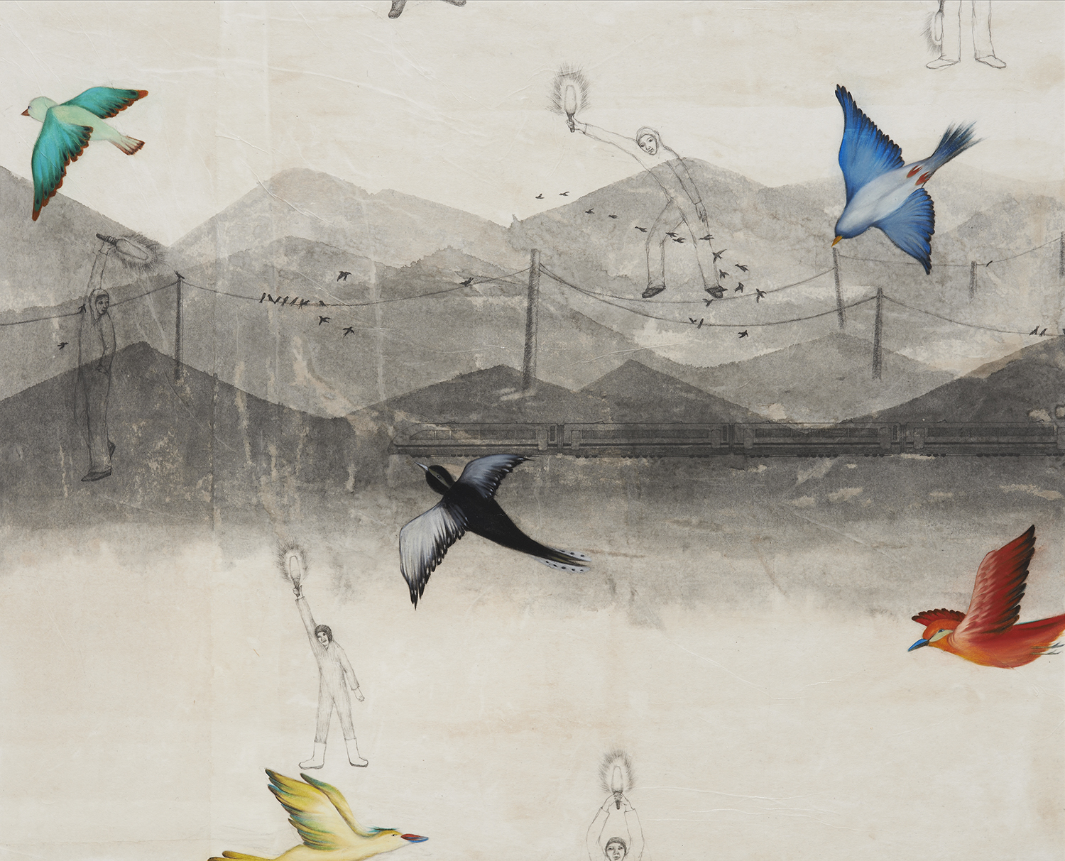 오영Oh Young, flying world 3, pencil, oil on paper, 90.9x72.7cm, 2016