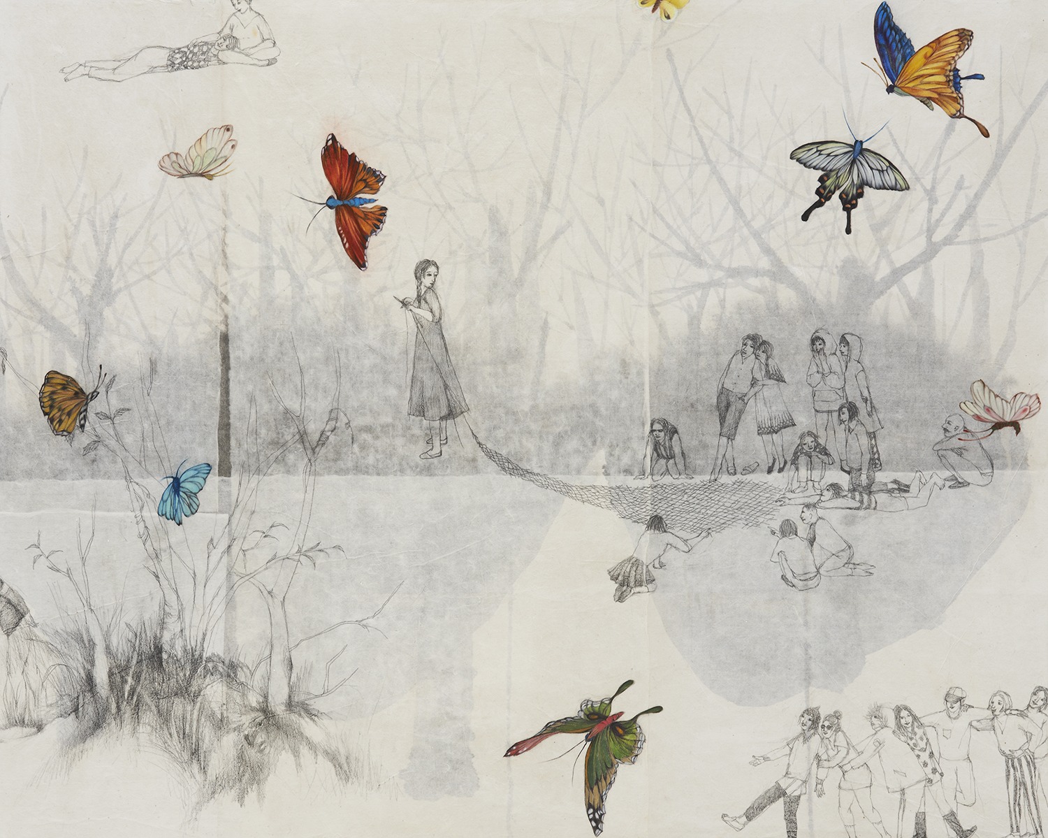 Oh Young, flying world 2, pencil, oil on paper, 90.9x72.7cm, 2016