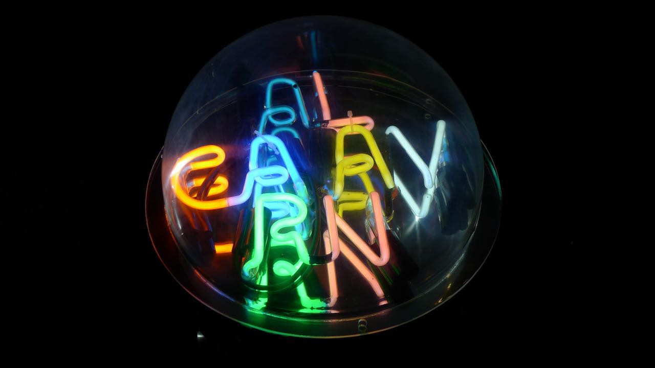 half globe neon carnaval1, 35cm diameter, Acrylic Dome+Mirrow BAse+Neon+Transformer, 2018
