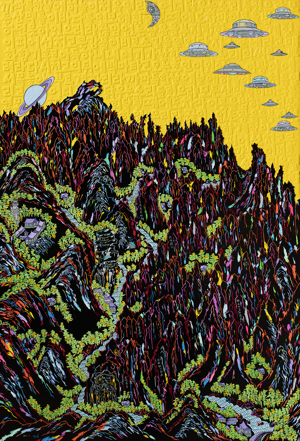 어디닭우는소리들렸으랴acrylic_and_ink_on_embossedwoodpanel_180x122cm2015
