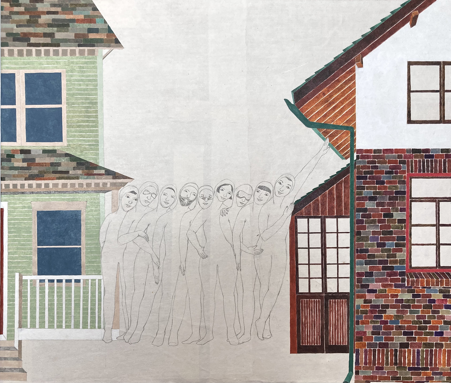 13 사이, 53x45cm, 한지에 연필, 유화, 2024