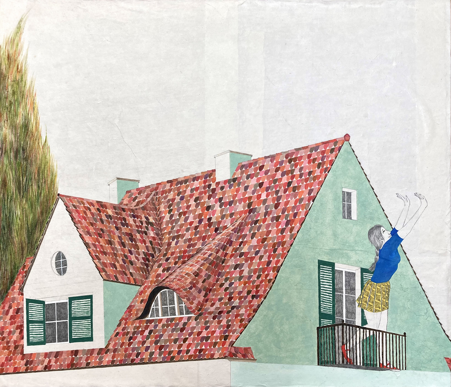14 오영, 인사를 흉내내기, 53x45cm, 한지에 연필, 유화, 2024