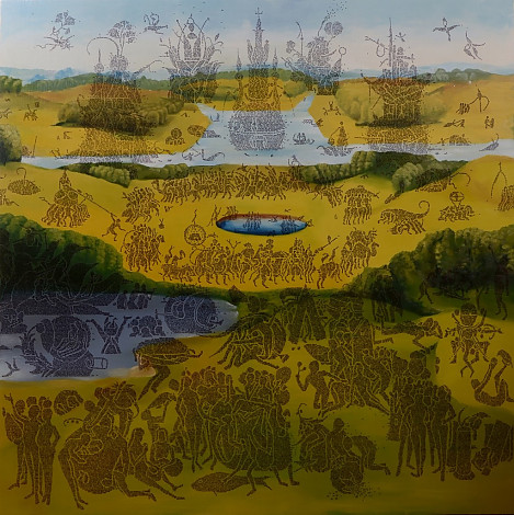 reverse course, 90x90cm, ink pen, oil on canvas, 2012