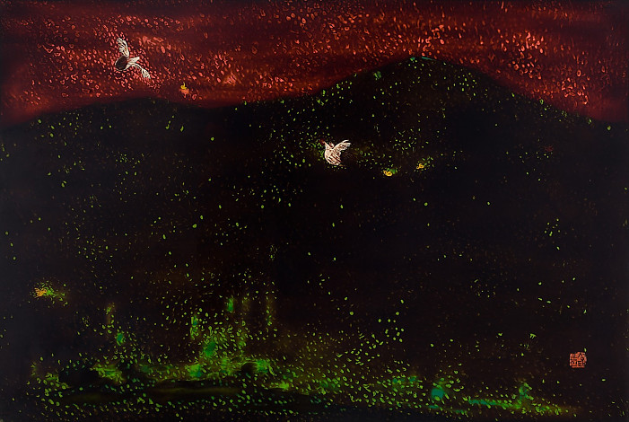날아라 닭(Fly, Roosters) 40 x60cm 화판위에 천연옻칠화(East Asian natural lacquer Paintting) 2013