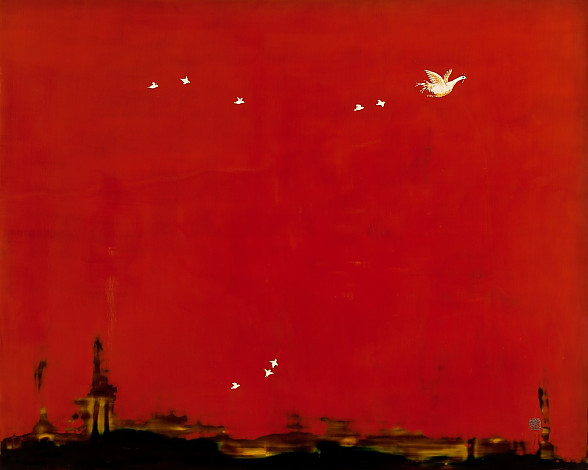 날아라 닭(Fly, Roosters) 62x77cm  화판위에 천연옻칠화(East Asian natural lacquer Paintting) 2013