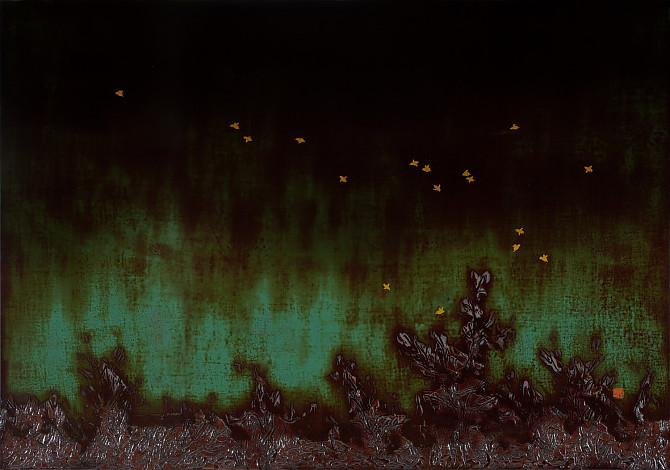 날아라 닭(Fly, Roosters) 70x100cm. 화판위에 천, 옻칠화. 2015