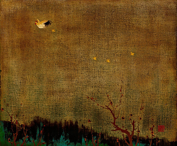 날아라닭(Fly, Roosters).   34x41cm. 화판위에 천, 천연옻칠화 (East Asian natural lacquer Paintting). 2013
