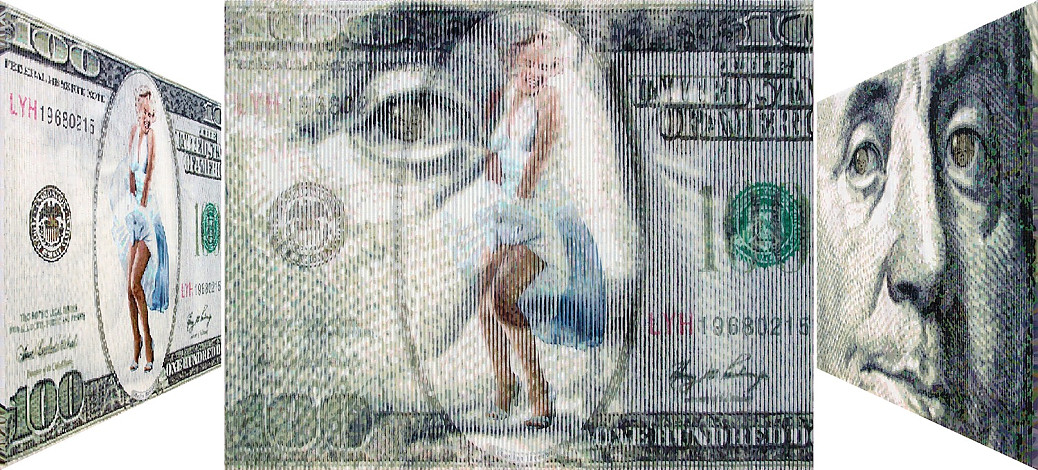Lee Youngha, Marilyn Monroe & Benjamin Franklin, 90.9x72.7cm, oil on canvas, 2014