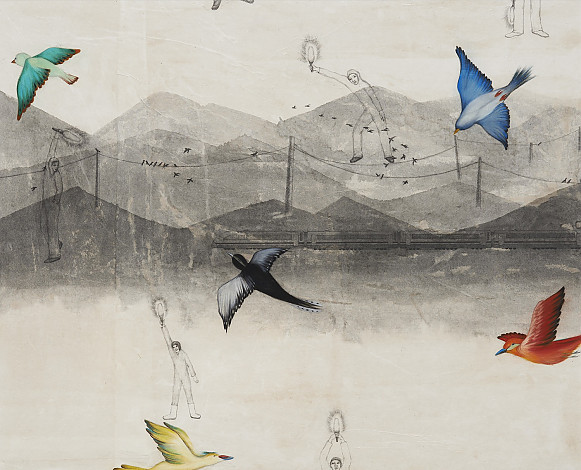 Oh Young, flying world 3, pencil, oil on paper, 90.9x72.7cm, 2016
