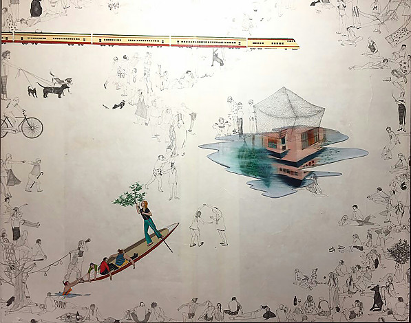 오영Oh Young, 풍속화Conversation piece, pencil, oil on canvas, 162x130cm, 2017