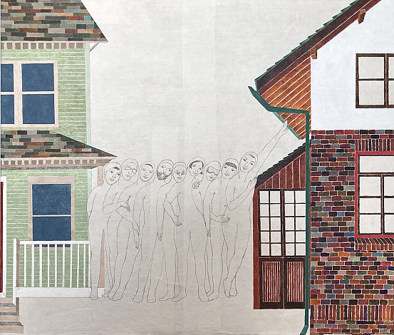 13 사이, 53x45cm, 한지에 연필, 유화, 2024